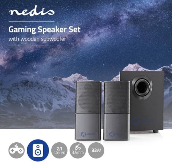 NEDIS herní reproduktory/ 2.1/ výkon 33 W/ 3,5 mm jack/ USB/ ABS/ dřevo/ černé
