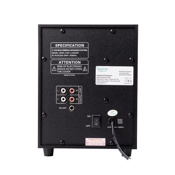 BOXE SPACER 2.1, RMS: 20W (2 x 5W + 10W), control volum, bass, subwoofer lemn MDF, 220V alimentare, USB/FM/RCA, black, "SPSK-21BT-LONDON" (timbru verd