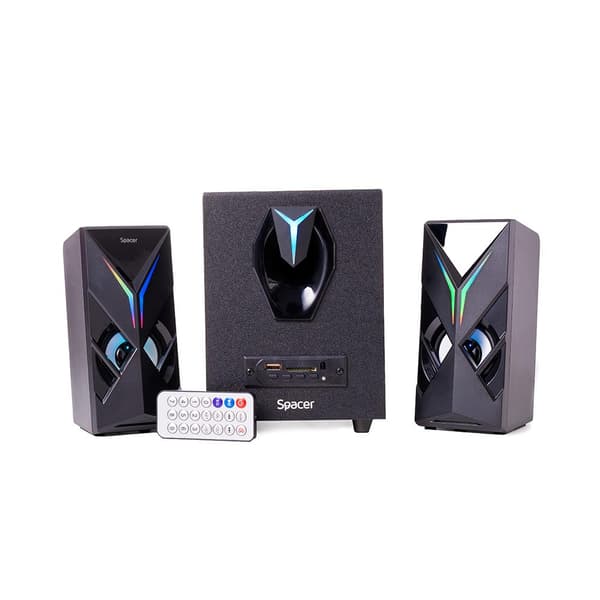 BOXE SPACER Gaming 2.1, RMS: 14W (2 x 3W + 8W), bluetooth, telecomanda wireless, control volum, bass, subwoofer lemn MDF, 220V alimentare, 3 x LED, US