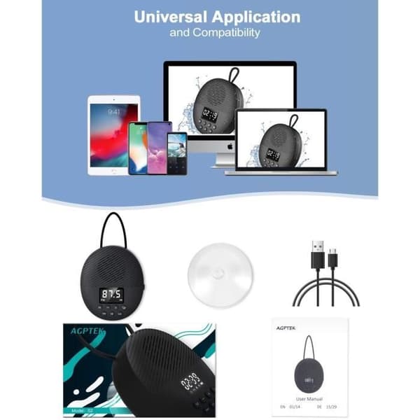 AGPTEK Bluetooth 5.0-högtalare - Bärbar IPX5 vattentät duschradio - Lanyard och sugkopp - 12 timmars batteritid