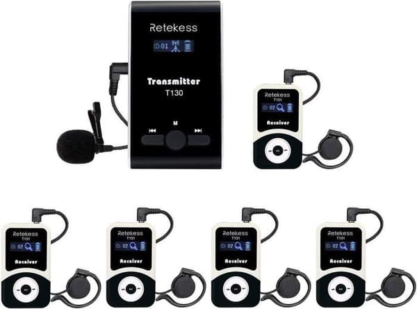Retecess T130-T131 Tour Guide System, 99 kanaler, trådlöst Whispered Audio System för ridträning (5 mottagare)