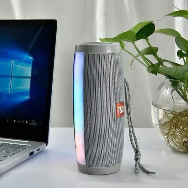 Bärbar trådlös Bluetooth-högtalare, 10W Subwoofer, Färgglad LED, Grå