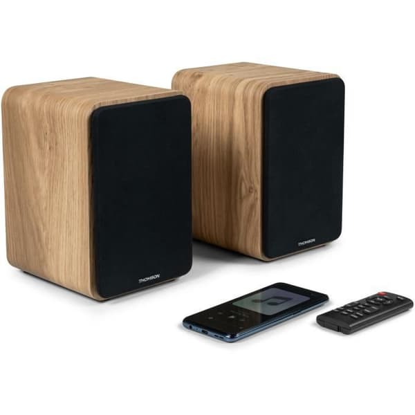 THOMSON WS602DUO - Set med 2 högtalare med trälåda - 100W - Bluetooth 5.0 - 2 RCA-utgångar - Lätt trä