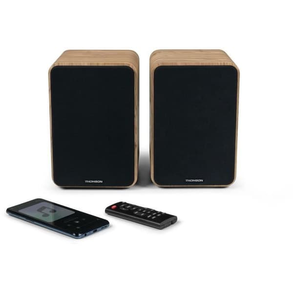 THOMSON WS602DUO - Set med 2 högtalare med trälåda - 100W - Bluetooth 5.0 - 2 RCA-utgångar - Lätt trä