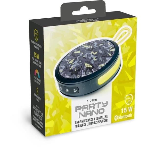 BIGBEN Party - Rund Bluetooth-högtalare med rem och ljuseffekter - 15W - Svart och kamouflagegul
