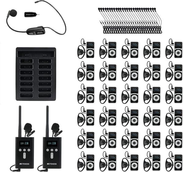 Reteness T130Pro Audio Whisper Tour Guide System, Bluetooth-högtalare, graderad brusreducering, 160M, Type-C-laddning (30 mottagare)