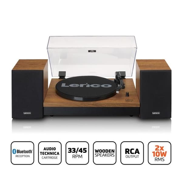 Lenco LS-310WD - Skivspelare med Bluetooth® och två externa högtalare, trä