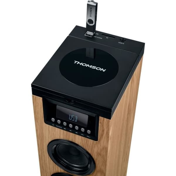 Tornhögtalare - THOMSON - Svart/Trä - Bluetooth/CD/USB/SD, 60W, FM-radio, Fjärrkontroll, Strömförsörjning 230V