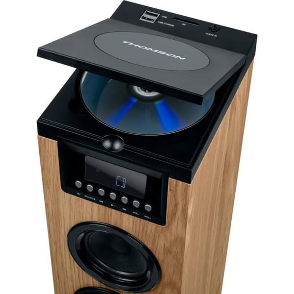 Tornhögtalare - THOMSON - Svart/Trä - Bluetooth/CD/USB/SD, 60W, FM-radio, Fjärrkontroll, Strömförsörjning 230V