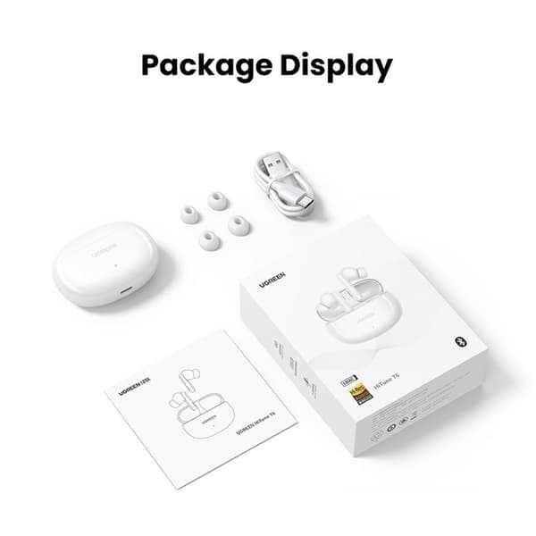 HiTune T6 trådlösa hörlurar med ANC-funktion + USB-A - USB-C-kabel, vit