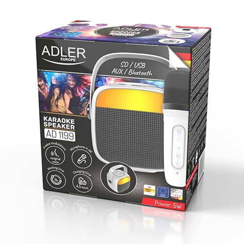 AD 1199 valkoinen karaokekaiutin mikrofonilla - SD/USB/AUX/Bluetooth