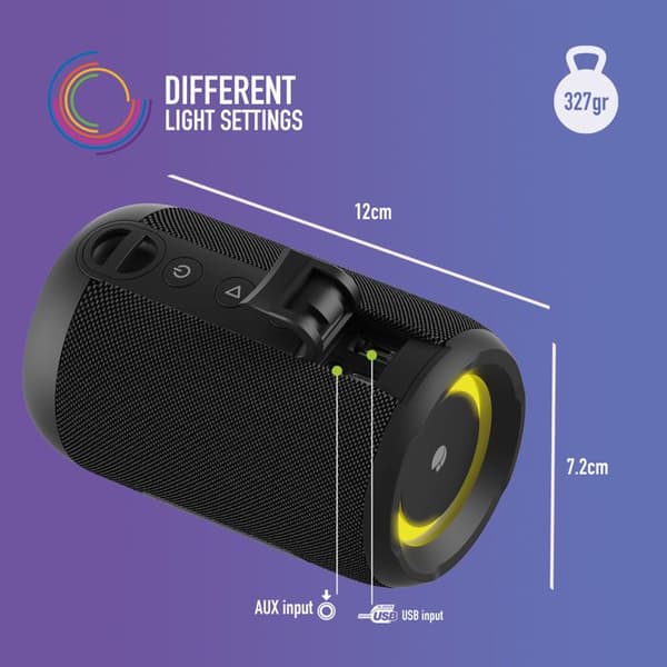 NGS ROLLER FURIA 2 TINY BLACK: Trådlig högtalare 20W. Vattentålighet IPX7, Kompatibel med BT/TWS/AUX IN. BATTERI 7H. LED. Svart.