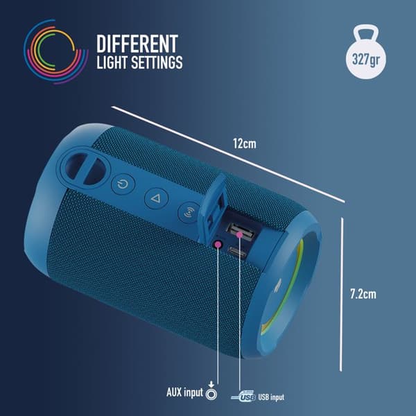 NGS ROLLER FURIA2 TINY BLUE: Trådligt högtalare 20W. IpX7-vattentålighet. Kompatibel med BT/TWS/AUX IN. BATTERI 7H. LED. Blå.