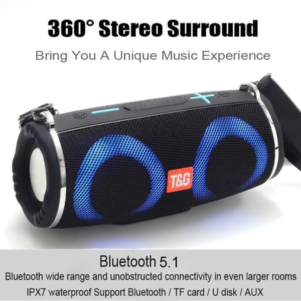 Bluetooth-högtalare, bärbar trådlös radiohögtalare för utomhusbruk med LED-ljus, 1200mAh batteritid 5-8H, svart