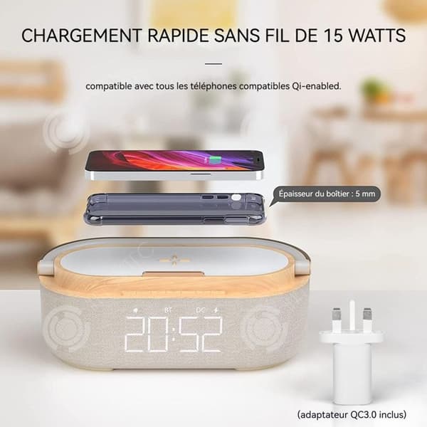 INN Sänglampa 6 i 1 högtalare med trådlös laddning USB-laddningsport LED-display ljus med telefonstöd