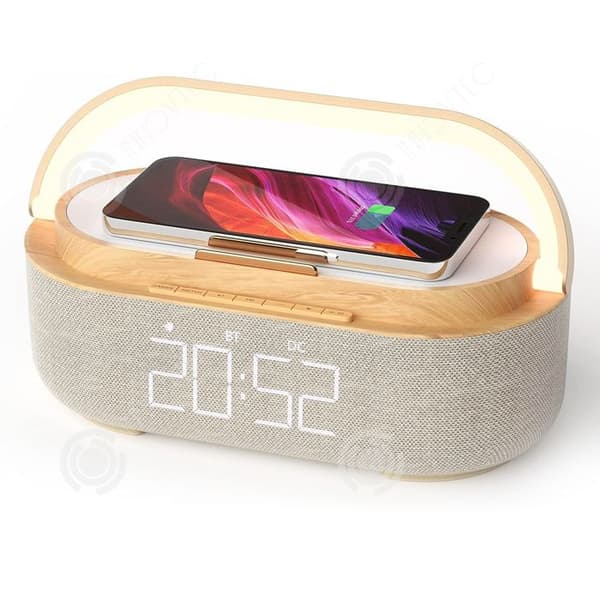 INN Sänglampa 6 i 1 högtalare med trådlös laddning USB-laddningsport LED-display ljus med telefonstöd