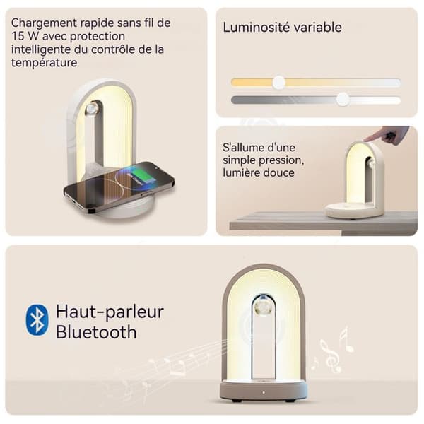 INN 3 i 1 nattljus 3 färgtemperaturer Dimbar peklampa Bluetooth 5.0 Inkluderar Bluetooth-högtalare och trådlös laddare