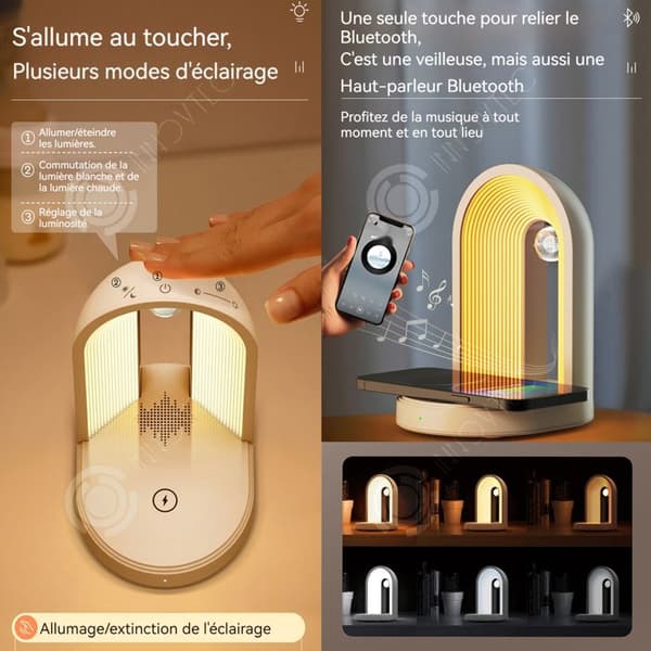 INN 3 i 1 nattljus 3 färgtemperaturer Dimbar peklampa Bluetooth 5.0 Inkluderar Bluetooth-högtalare och trådlös laddare