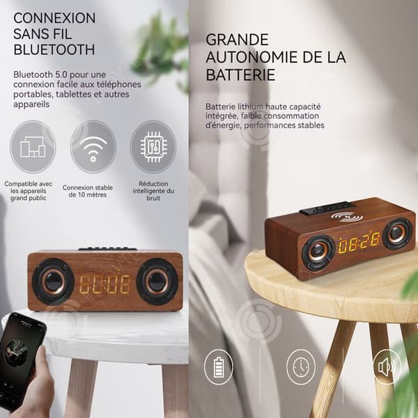 INN Bluetooth-högtalare 25x11x7,8cm trådlös bluetooth-högtalare retro trähögtalare skrivbords-högtalare med kortklocka