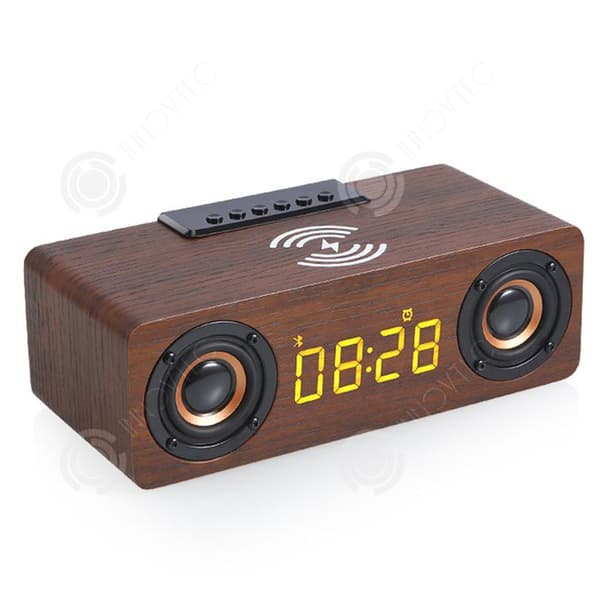 INN Bluetooth-högtalare 25x11x7,8cm trådlös bluetooth-högtalare retro trähögtalare skrivbords-högtalare med kortklocka