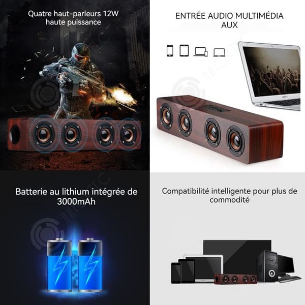 INN Stereo Bluetooth-högtalare i trä med fyra högtalare med kraftfull bas 12W snygg trådlös Bluetooth-högtalare