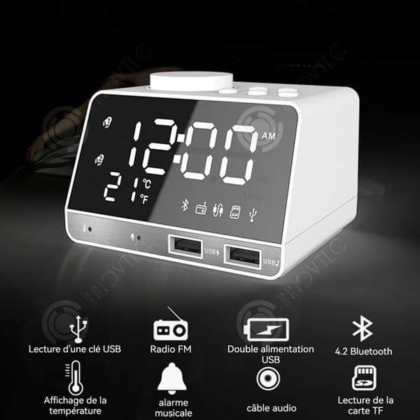 INN Bärbar bluetooth-högtalare 10x8,4x6cm bluetooth 4,2 3 ljusstyrkanivåer LED-spegel med tidstemperatur väckarklocka funktioner