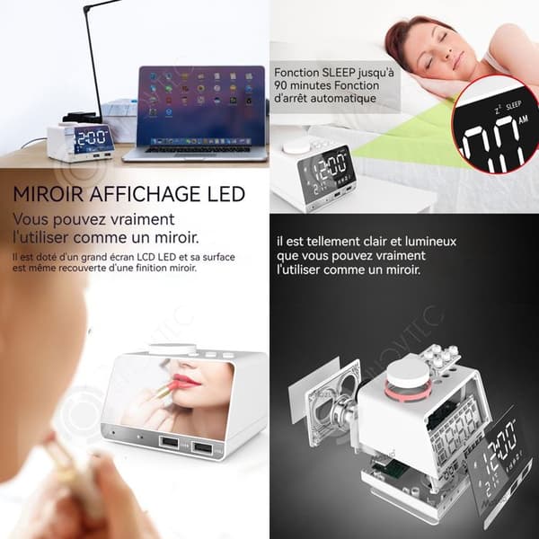 INN Bärbar bluetooth-högtalare 10x8,4x6cm bluetooth 4,2 3 ljusstyrkanivåer LED-spegel med tidstemperatur väckarklocka funktioner