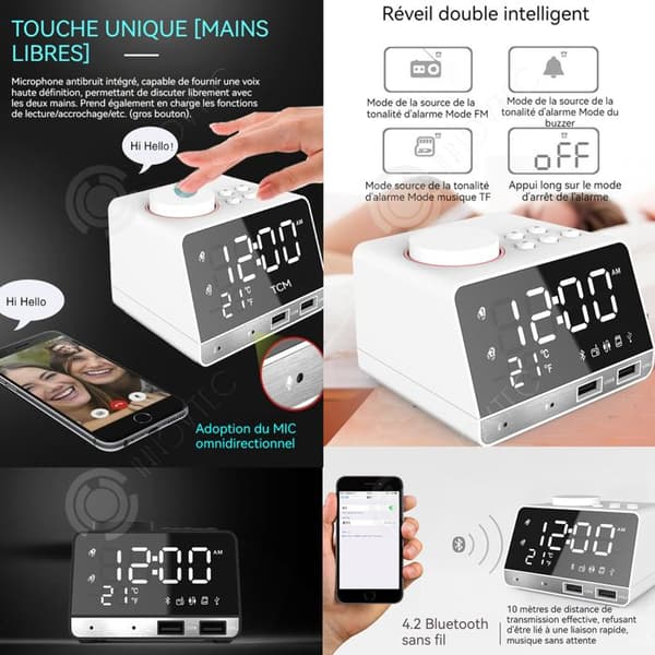 INN Bärbar bluetooth-högtalare 10x8,4x6cm bluetooth 4,2 3 ljusstyrkanivåer LED-spegel med tidstemperatur väckarklocka funktioner