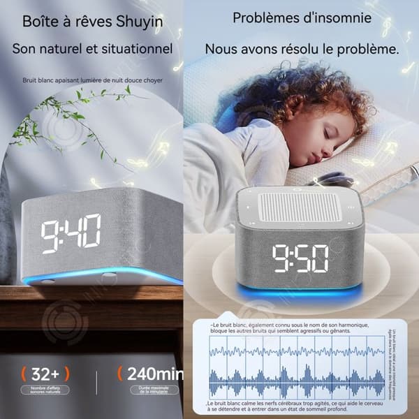 INN multifunktionell white noise Bluetooth-högtalare Med nattljus och tidsdisplay Högtalare hjälper till med avkoppling 20 ljud
