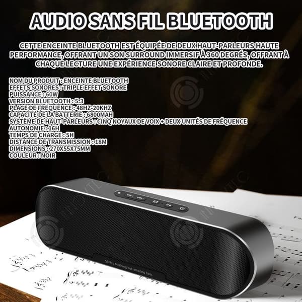 INN Bluetooth-högtalare Intelligent röstassistent trippelljudeffekt 60w 5.3 Bluetooth-version 48HZ-20KHz 6800mah batteri svart
