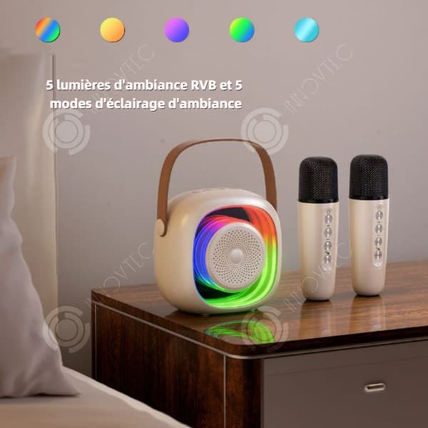 INN Karaokemaskin 11x10,8x7cm med 2 mikrofoner 12W bluetooth 5,3 1500 mAh lång batteritid färgglada lampor vita