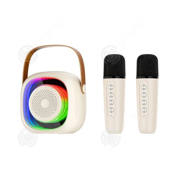 INN Karaokemaskin 11x10,8x7cm med 2 mikrofoner 12W bluetooth 5,3 1500 mAh lång batteritid färgglada lampor vita