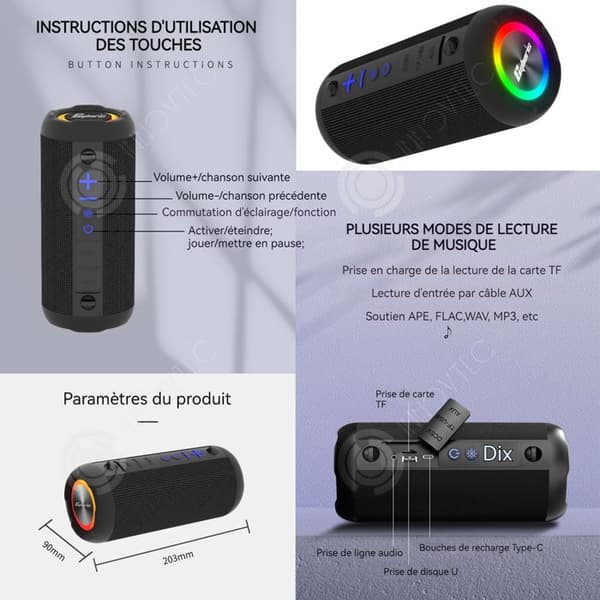 INN Bluetooth-högtalare 30W 2400mAh BT5.3 Bluetooth-högtalare IPX6 Vattentät med färgglada lampor Bärbar TWS-högtalare