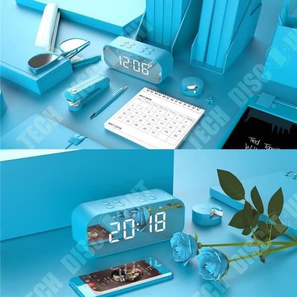 TD® Bluetooth-högtalare acve LED Digital klocka Väckarklocka Spegel Trådlös Bluetooth-högtalare Support TF USB Musikspelare Blå