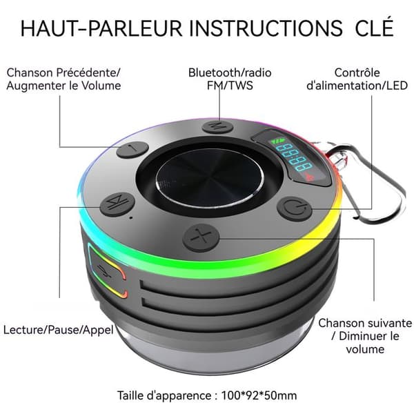 Mini Bluetooth-högtalare - TD - IPX5 vattentät - 2 högtalare - Färgglada lampor - USB