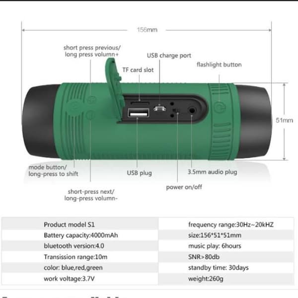 S1 trådlös Bluetooth-högtalare Power Bank Uppladdningsbar bärbar subwoofer med LED-ljus för utomhussport + cyklar
