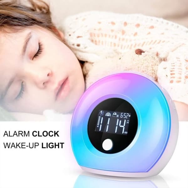 Lysande väckarklocka med Bluetooth-högtalare, barnväckarklocka med LCD-skärm, 5 färger, induktionsnattlampa för barn, fest, sovrum