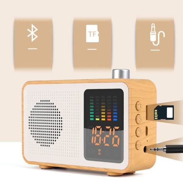 TD® Retro Wood Color Trådlös Bluetooth-högtalarradio med tidsdisplay Retro Style-högtalare - Gul