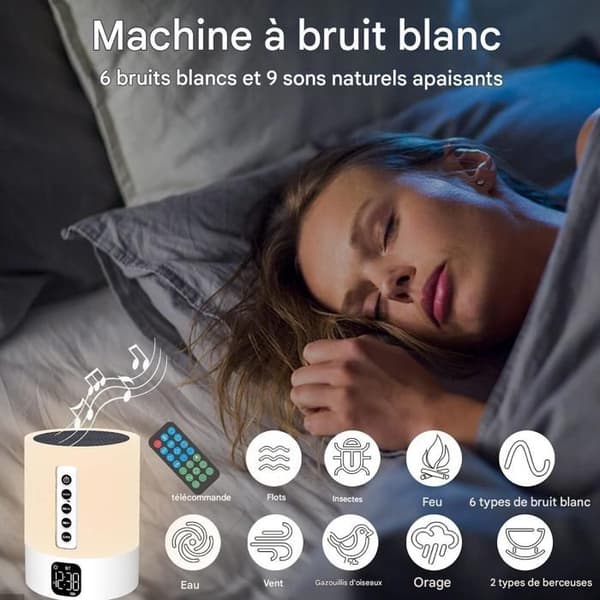 Bluetooth-högtalare - Hifi Bluetooth 5.0 - Ljusmodell - LED-nattlampa, Digital väckarklocka, Vit brusmaskin