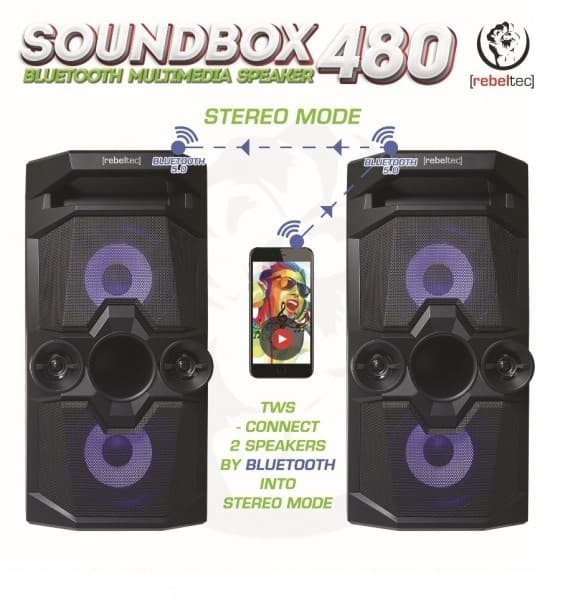 Rebeltec SoundBox 480 Bærbar Bluetooth Stereo Højttaler Sort, 50W RMS