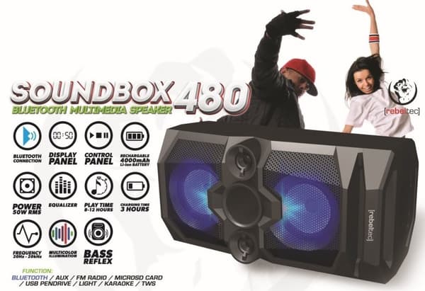 Rebeltec SoundBox 480 Bærbar Bluetooth Stereo Højttaler Sort, 50W RMS