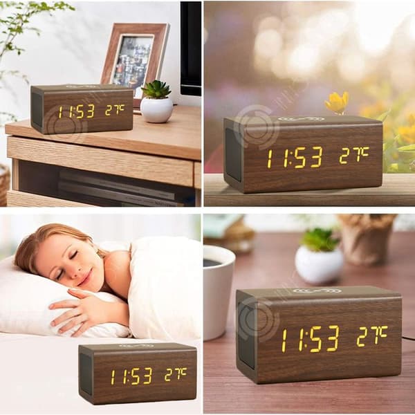 INN LED digital väckarklocka 54,5x39x27,5cm väckarklocka trådlös laddning bluetooth högtalare, minne, röststyrning, temperaturfunktion