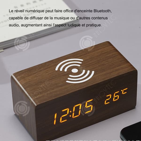 INN LED digital väckarklocka 54,5x39x27,5cm väckarklocka trådlös laddning bluetooth högtalare, minne, röststyrning, temperaturfunktion