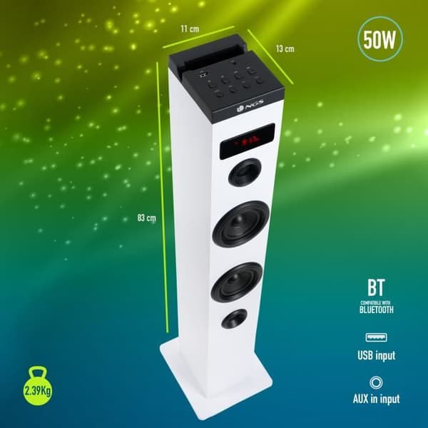 Sound Tower - NGS - SKY CHARM WHITE - 50W - Bluetooth - FM-radio - Optisk ingång