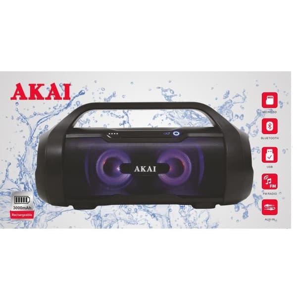 Vattentät trådlös och TWS Boombox-högtalare med FM-radio - AKAI - Svart - Vattentät - Trådlös - BT