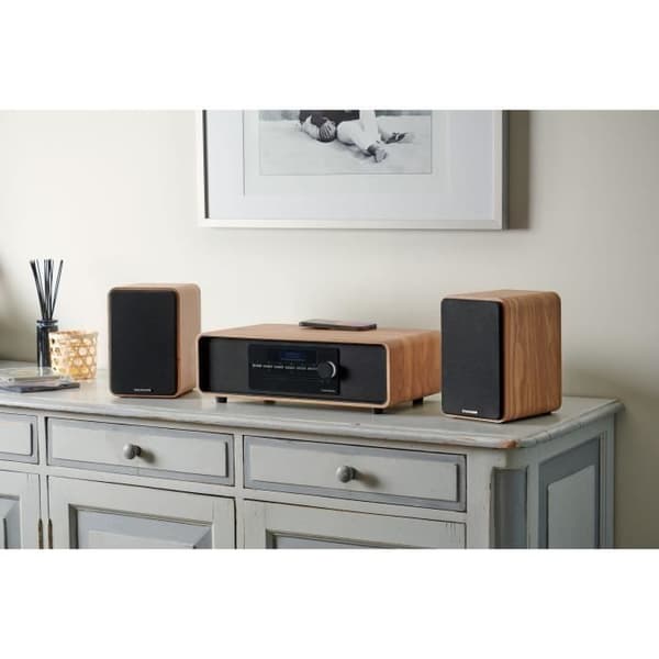 Bluetooth mikrosystem - THOMSON - Træ/Sort - FM-radio/DAB+/CD/MP3/USB/Induktion, 75W, LCD-display, fjernbetjening, strømforsyning. 230V