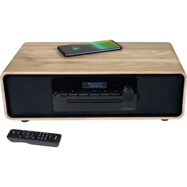 Bluetooth mikrosystem - THOMSON - Træ/Sort - FM-radio/DAB+/CD/MP3/USB/Induktion, 75W, LCD-display, fjernbetjening, strømforsyning. 230V