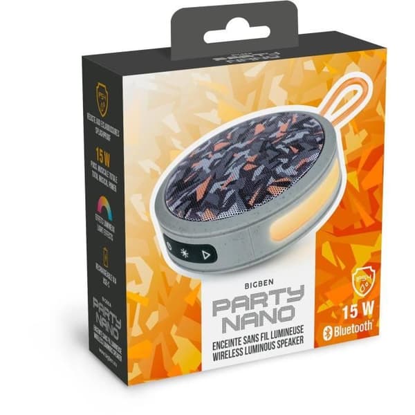 BIGBEN Party - Rund Bluetooth-højttaler med rem og lyseffekter - 15W - Grå og orange camouflage