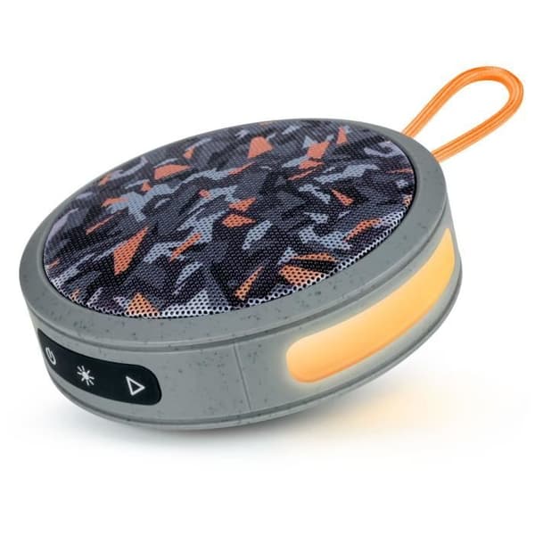 BIGBEN Party - Rund Bluetooth-højttaler med rem og lyseffekter - 15W - Grå og orange camouflage