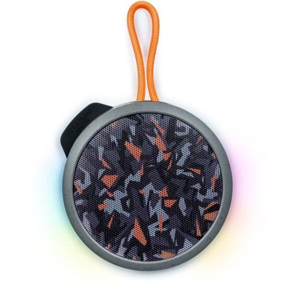 BIGBEN Party - Rund Bluetooth-højttaler med rem og lyseffekter - 15W - Grå og orange camouflage Grå